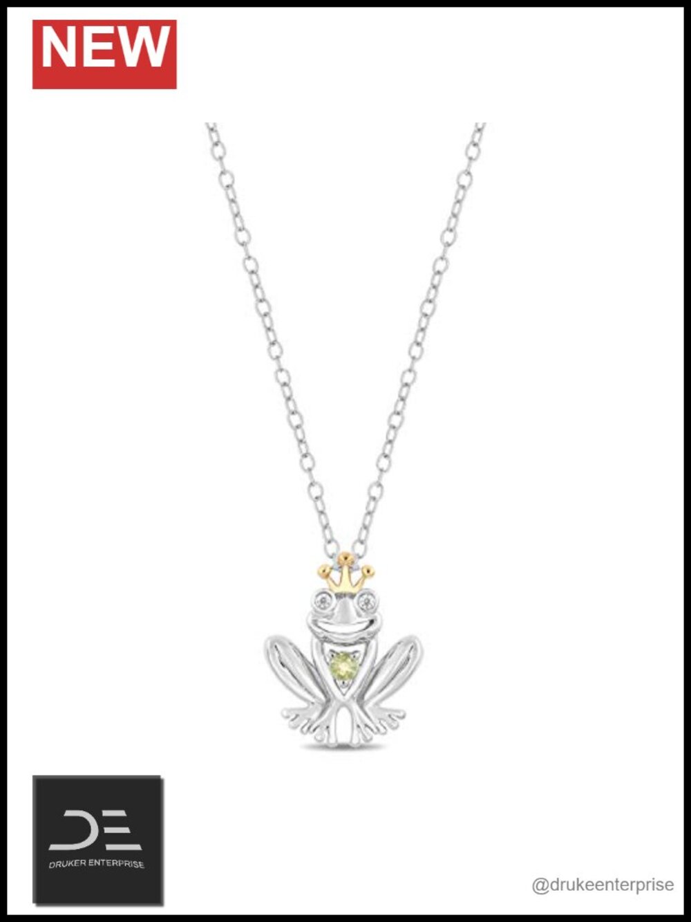 Enchanted Disney Tiana Frog Pendant Necklace Sterling Silver 10K Gold Peridot